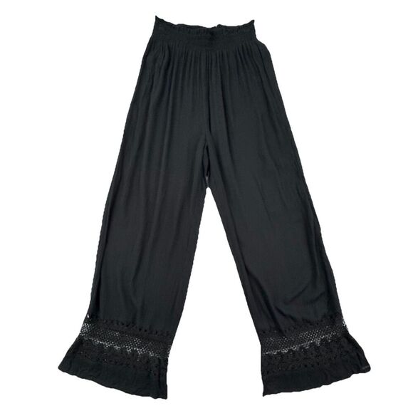 Goa by Japna Pants - Goa Beachwear Japna Black Smocked Waist Wide Leg Pants Size XS Boho Crochet Trim
